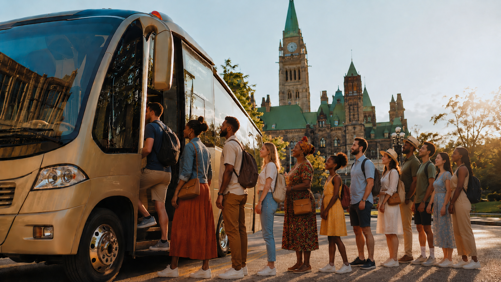 Groupe embarquant dans l'autobus de la visite History in the Streets devant le Parlement d'Ottawa